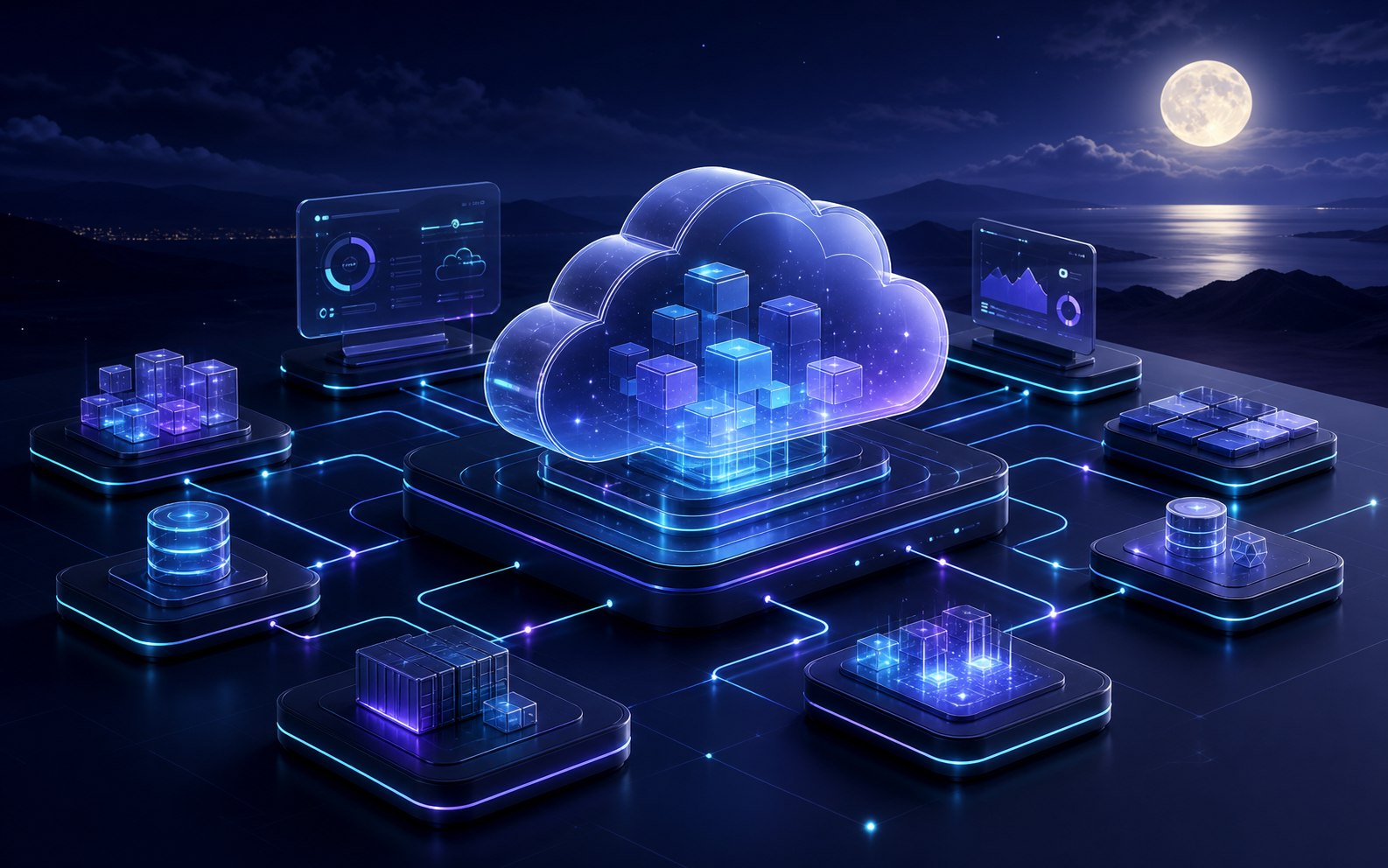 Cloud-native service modules arranged as a moonlit platform constellation