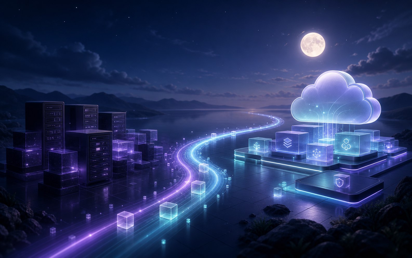 Legacy systems migrating along a luminous path into a cloud platform