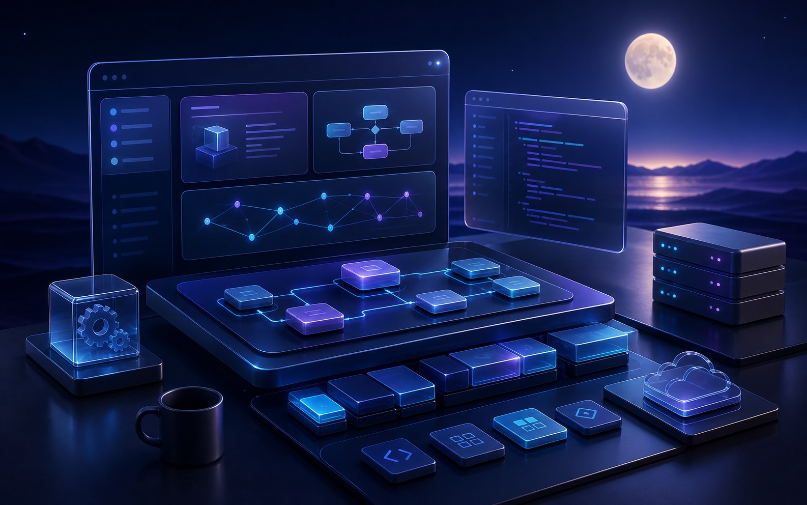 Professional moonlit software workbench with application panels and architecture modules