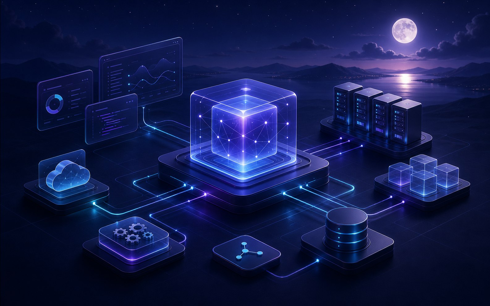 Moonlit application platform core connected to API and data services