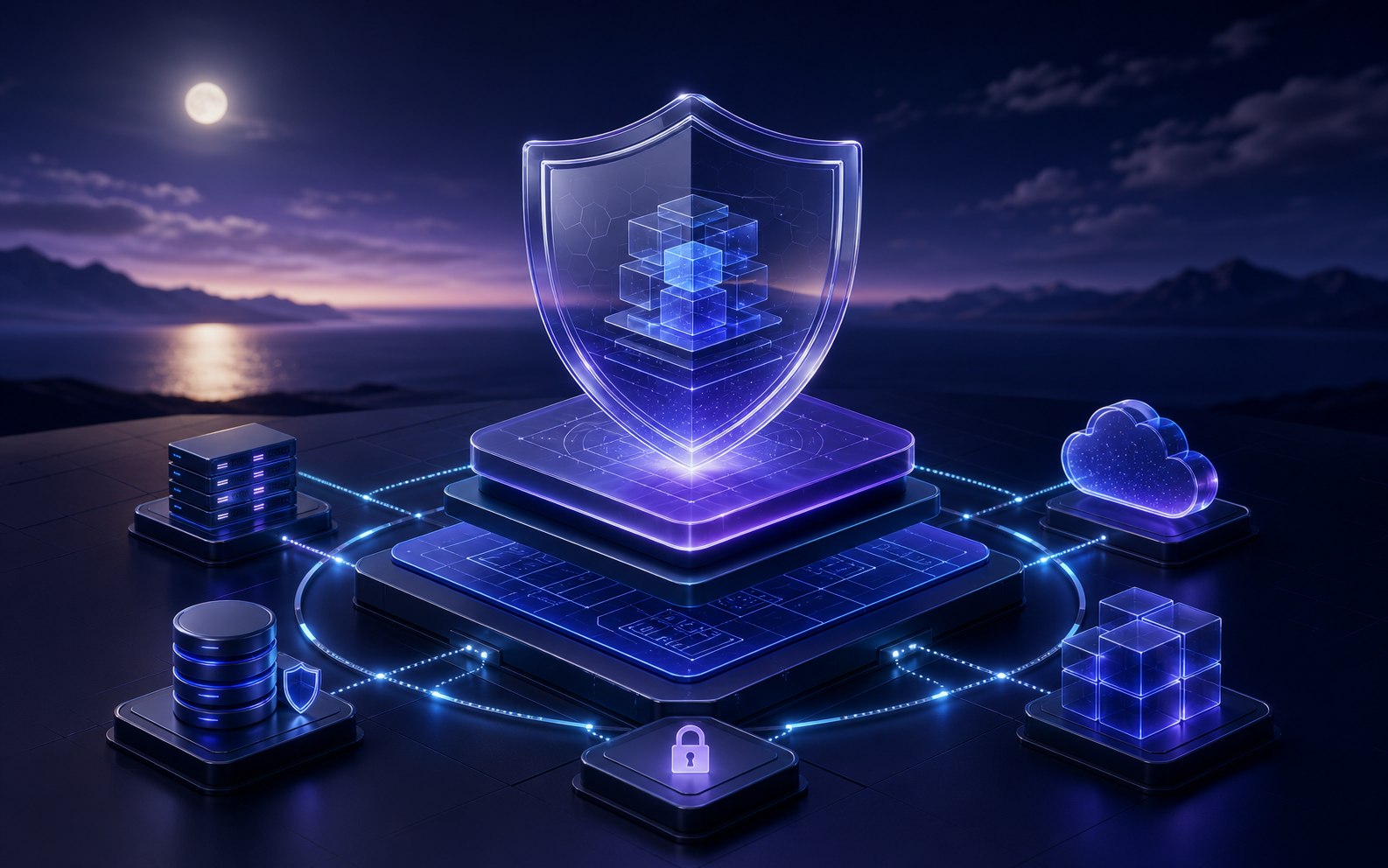Glass shield protecting layered architecture platforms under a moonlit sky