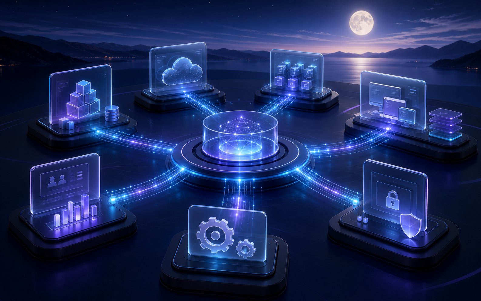 Moonlit integration hub connecting business systems with secure data streams