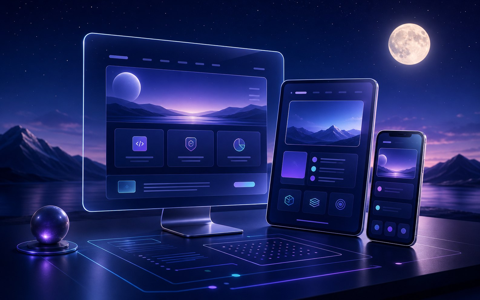 Responsive glass web screens glowing above a moonlit horizon